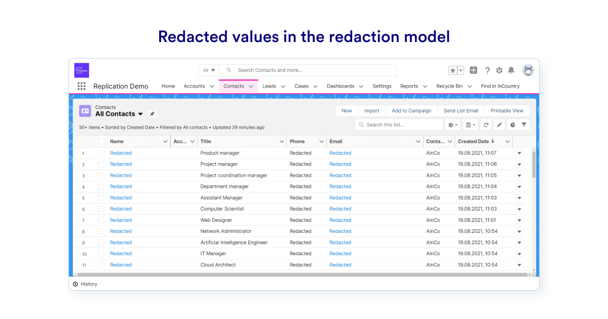 Redacted values for protected data fields in redaction model